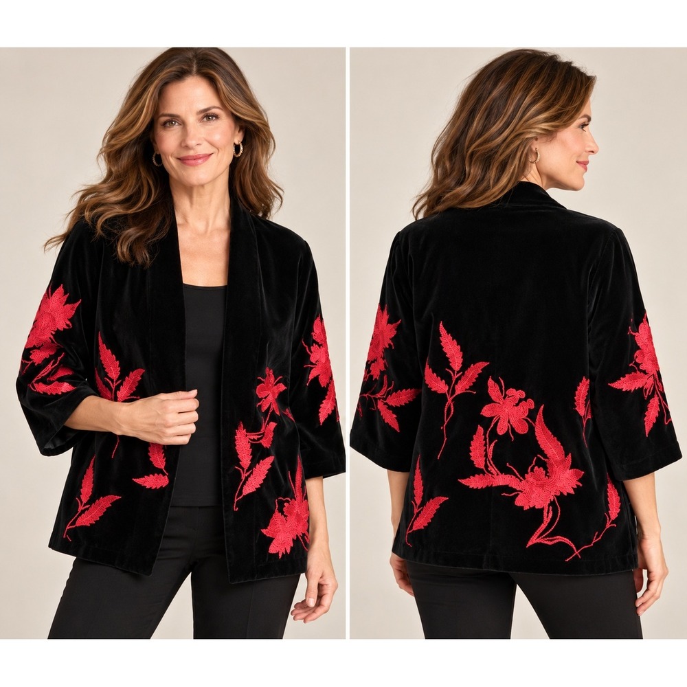 Chico's Travelers Velvet Kimono Jacket Black Red Floral Embroidered Boho Size 1